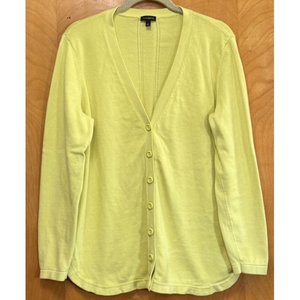 Talbots Button Front Longline Cardigan Sweater Round Hem Slits Chartreuse Size L